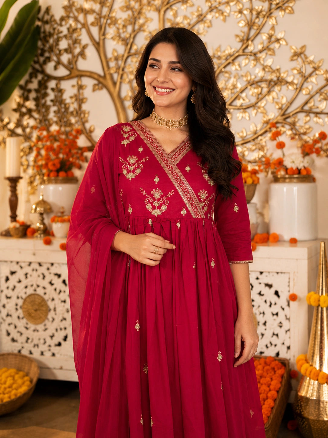 party wear red Anarkali suit