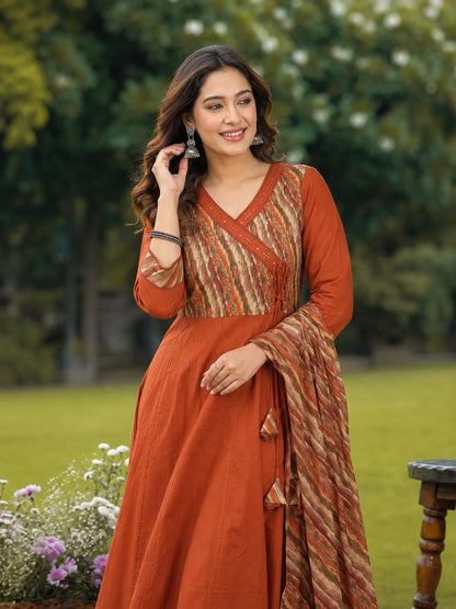 Rust Cotton Anarkali Suit Set with Printed Dupatta for Women