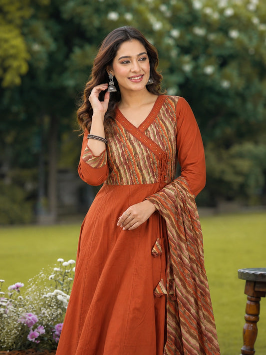 Rust Cotton Anarkali Suit Set with Printed Dupatta for Women