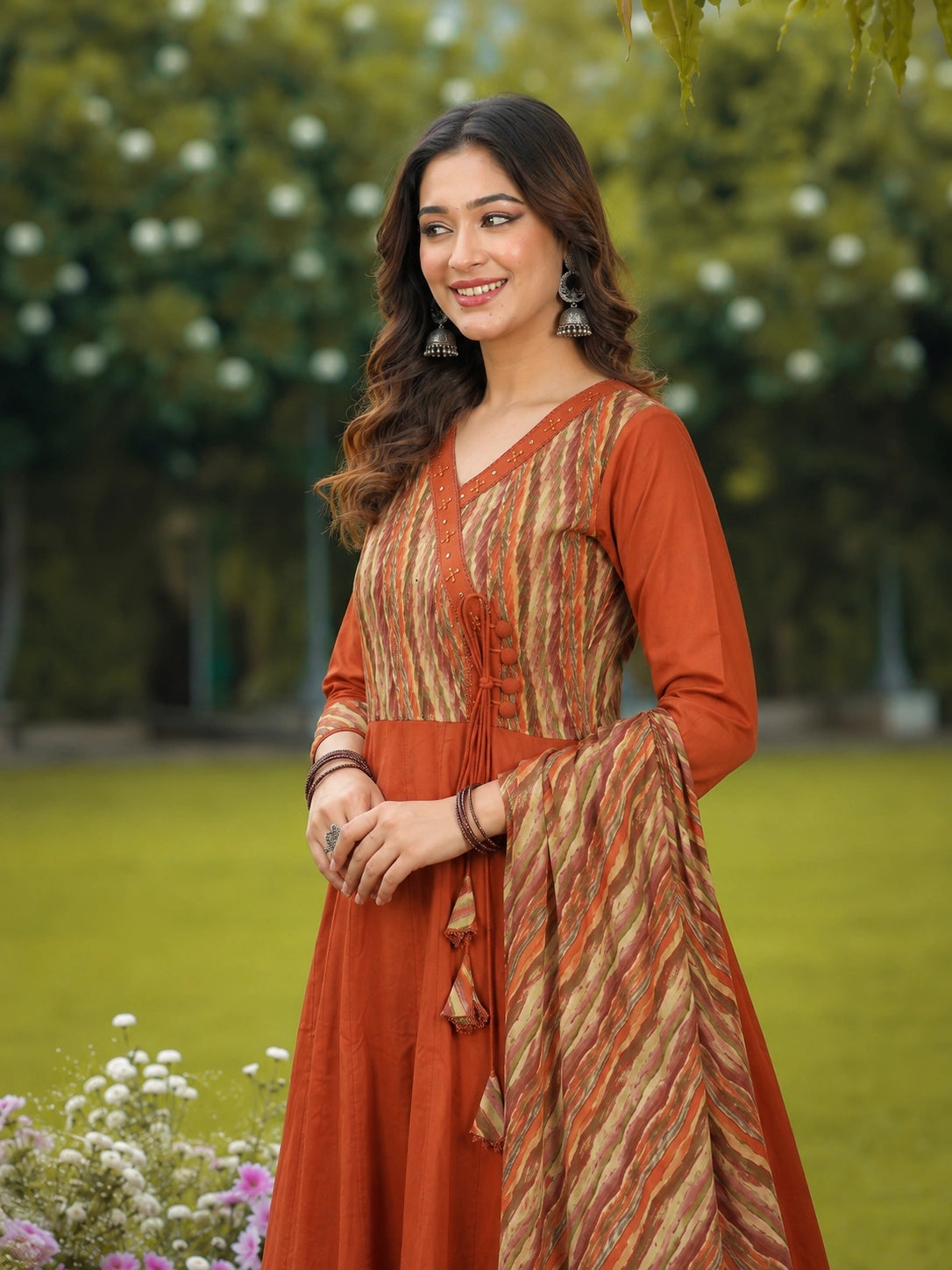 Rust Cotton Anarkali Suit Set with Printed Dupatta for Women