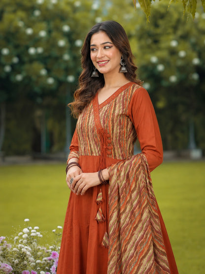Rust Cotton Anarkali Suit Set with Printed Dupatta for Women