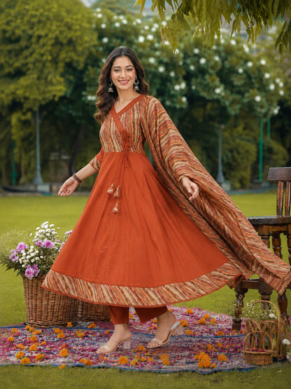 Rust Cotton Anarkali Suit Set with Printed Dupatta for Women