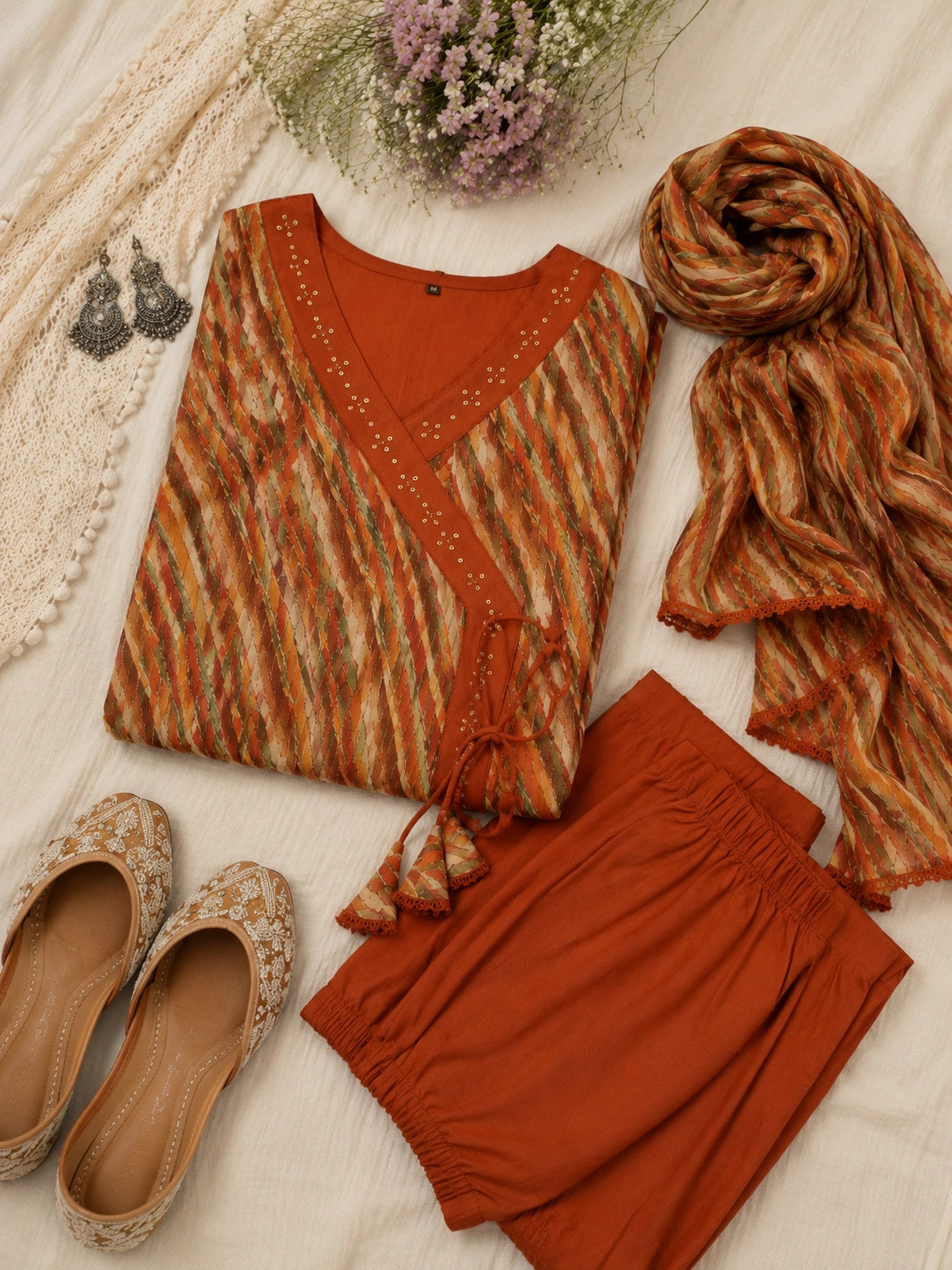 Rust Cotton Anarkali Suit Set with Printed Dupatta for Women