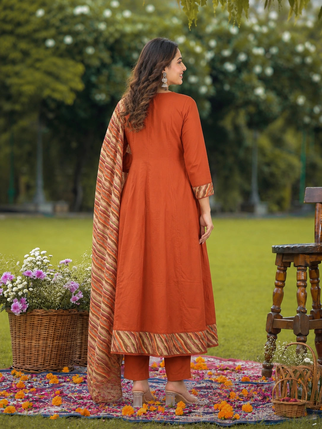 Rust Cotton Anarkali Suit Set with Printed Dupatta for Women