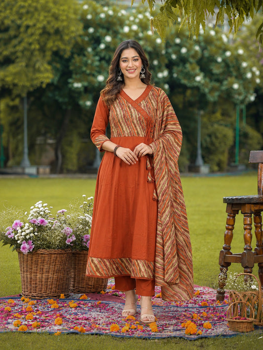 Rust Cotton Anarkali Suit Set with Printed Dupatta for Women
