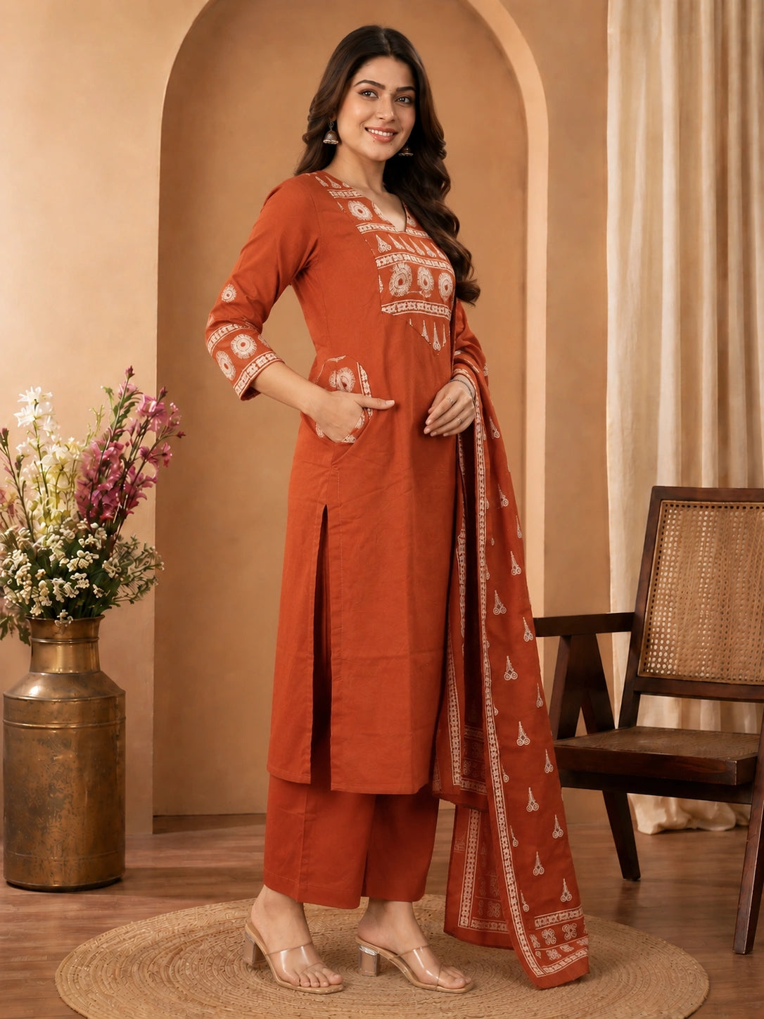 Rust Cotton Kurta Set with Pant and Dupatta for Women