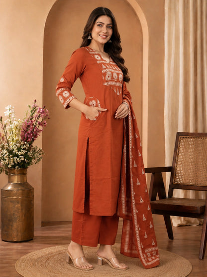 Rust Cotton Kurta Set with Pant and Dupatta for Women