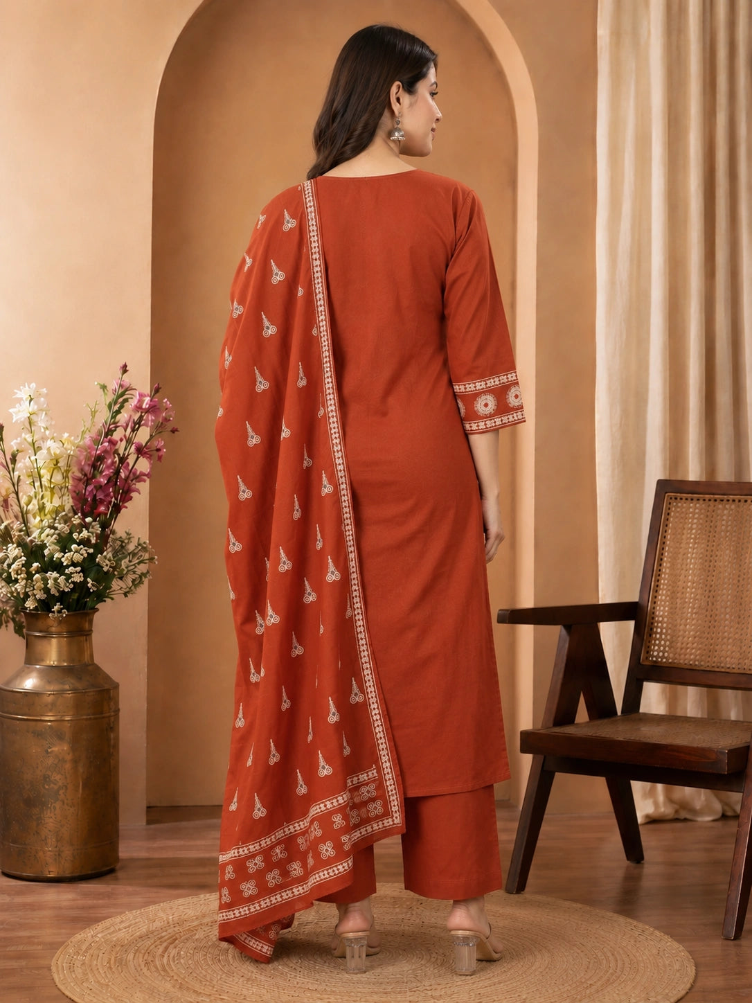 Rust Cotton Kurta Set with Pant and Dupatta for Women