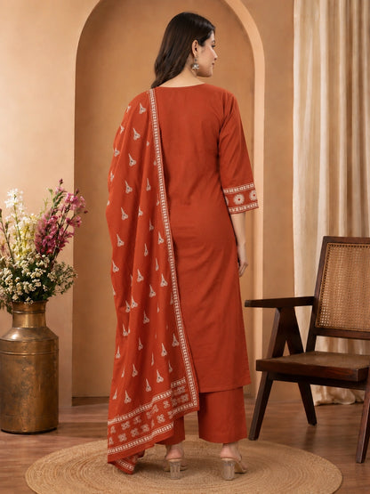 Rust Cotton Kurta Set with Pant and Dupatta for Women