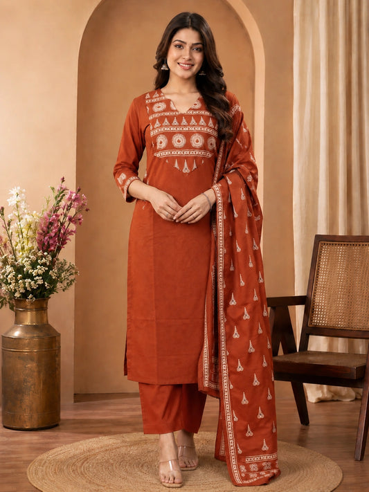 Rust Cotton Kurta Set with Pant and Dupatta for Women