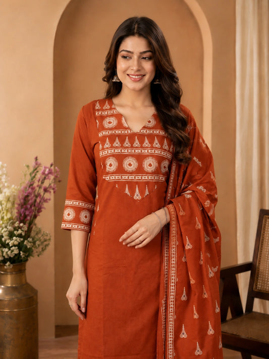 Rust Cotton Kurta Set with Pant and Dupatta for Women
