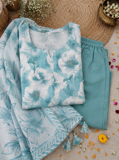 Turquoise Blue Cotton Silk Blend Kurta Set for Women with Dupatta