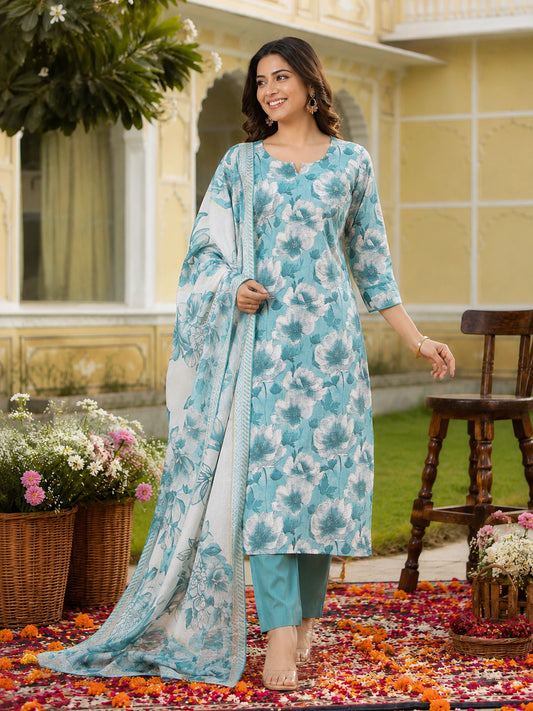 Turquoise Blue Cotton Silk Blend Kurta Set for Women with Dupatta