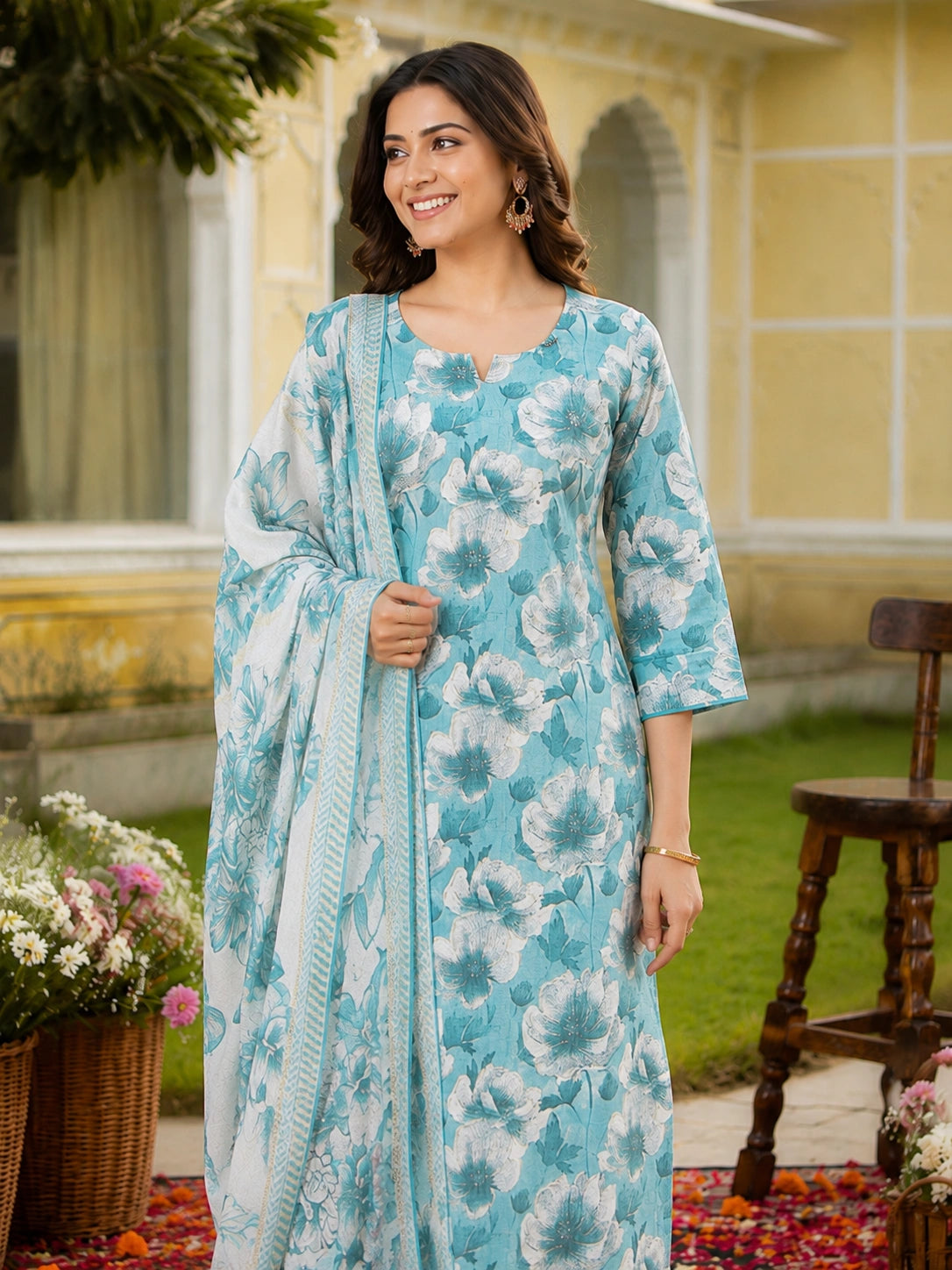 Turquoise Blue Cotton Silk Blend Kurta Set for Women with Dupatta