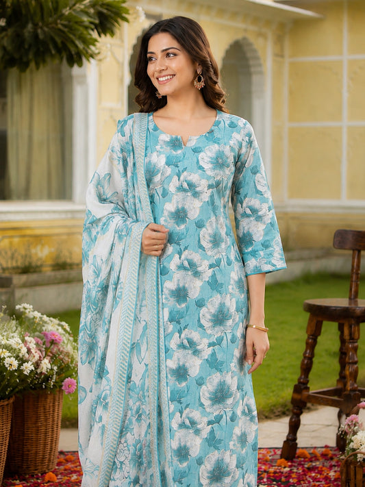 Turquoise Blue Cotton Silk Blend Kurta Set for Women with Dupatta
