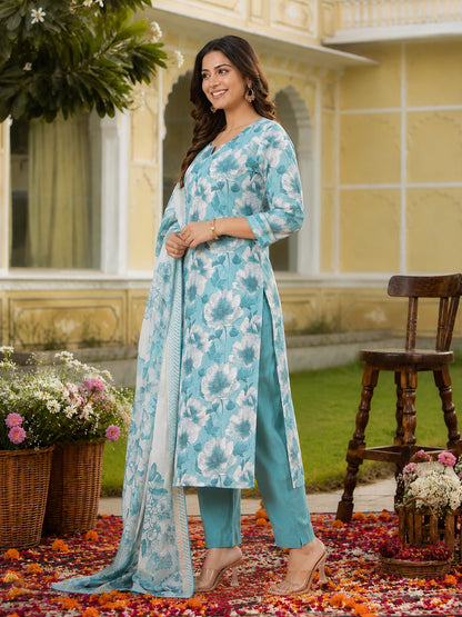 Turquoise Blue Cotton Silk Blend Kurta Set for Women with Dupatta