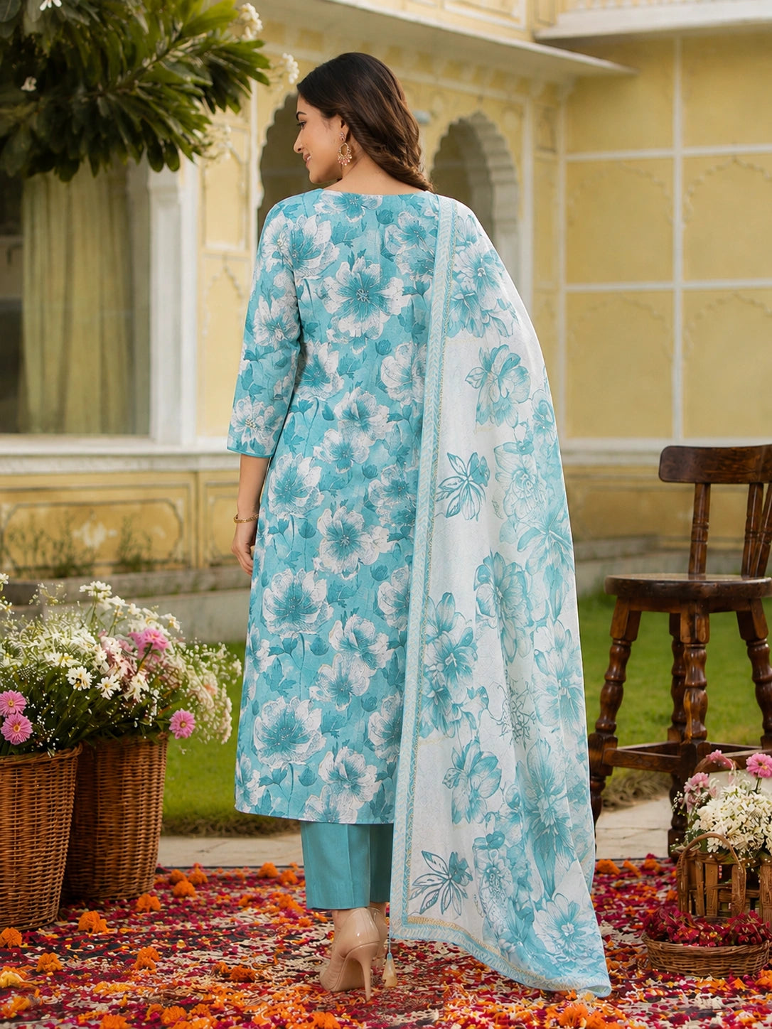 Turquoise Blue Cotton Silk Blend Kurta Set for Women with Dupatta