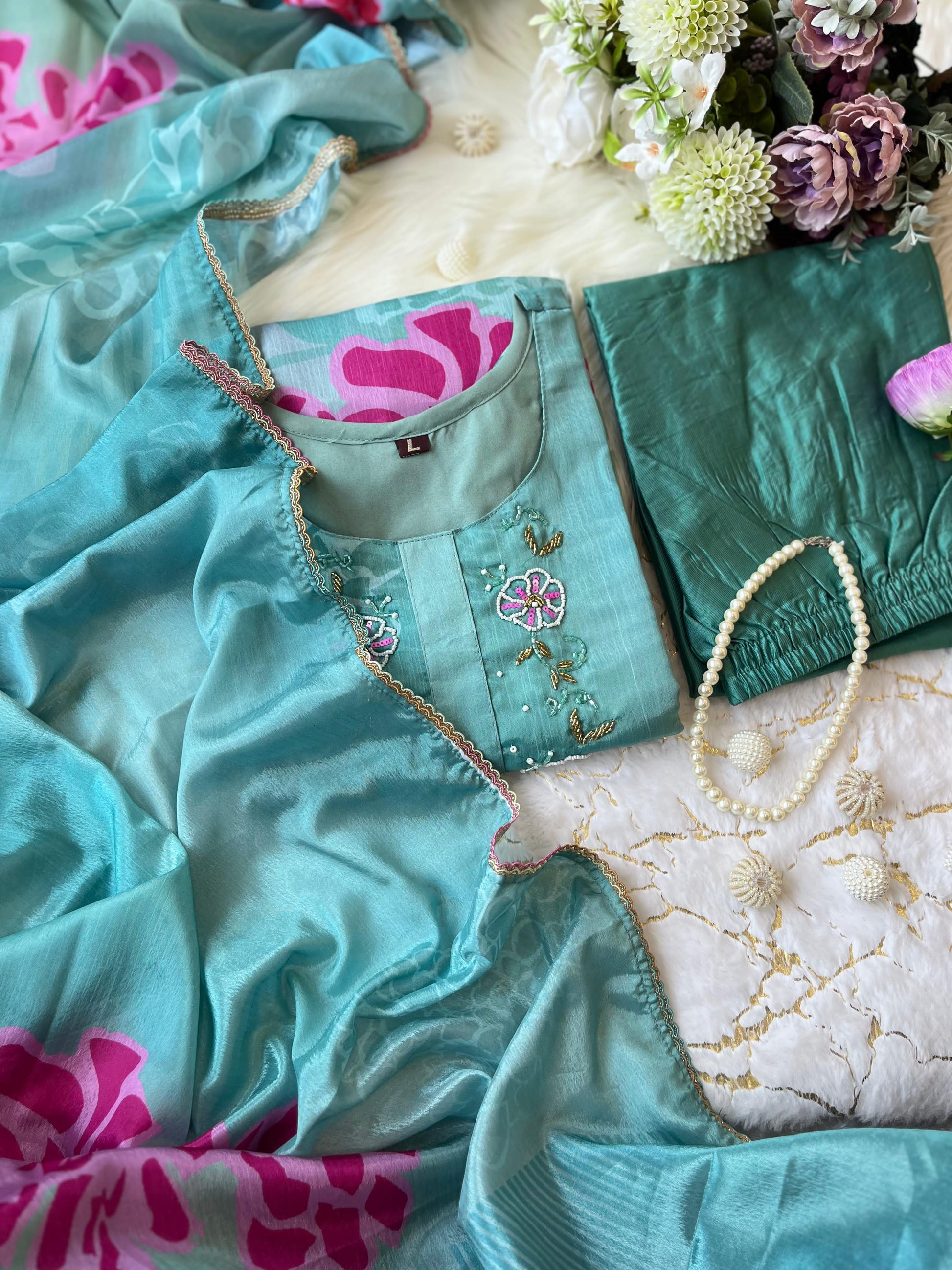 Green Tissue Kurta Set - Ramya