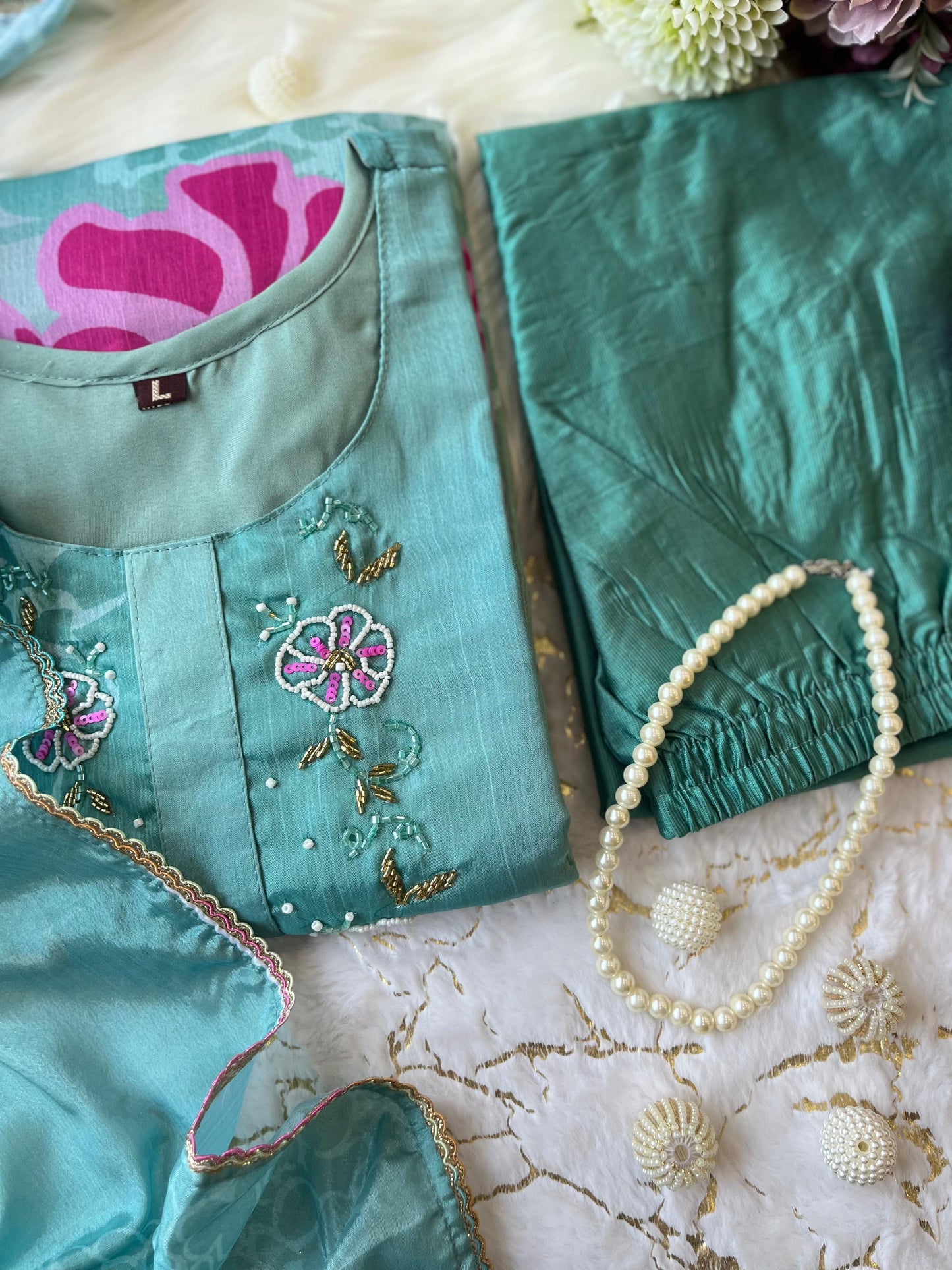 Green Tissue Kurta Set - Ramya