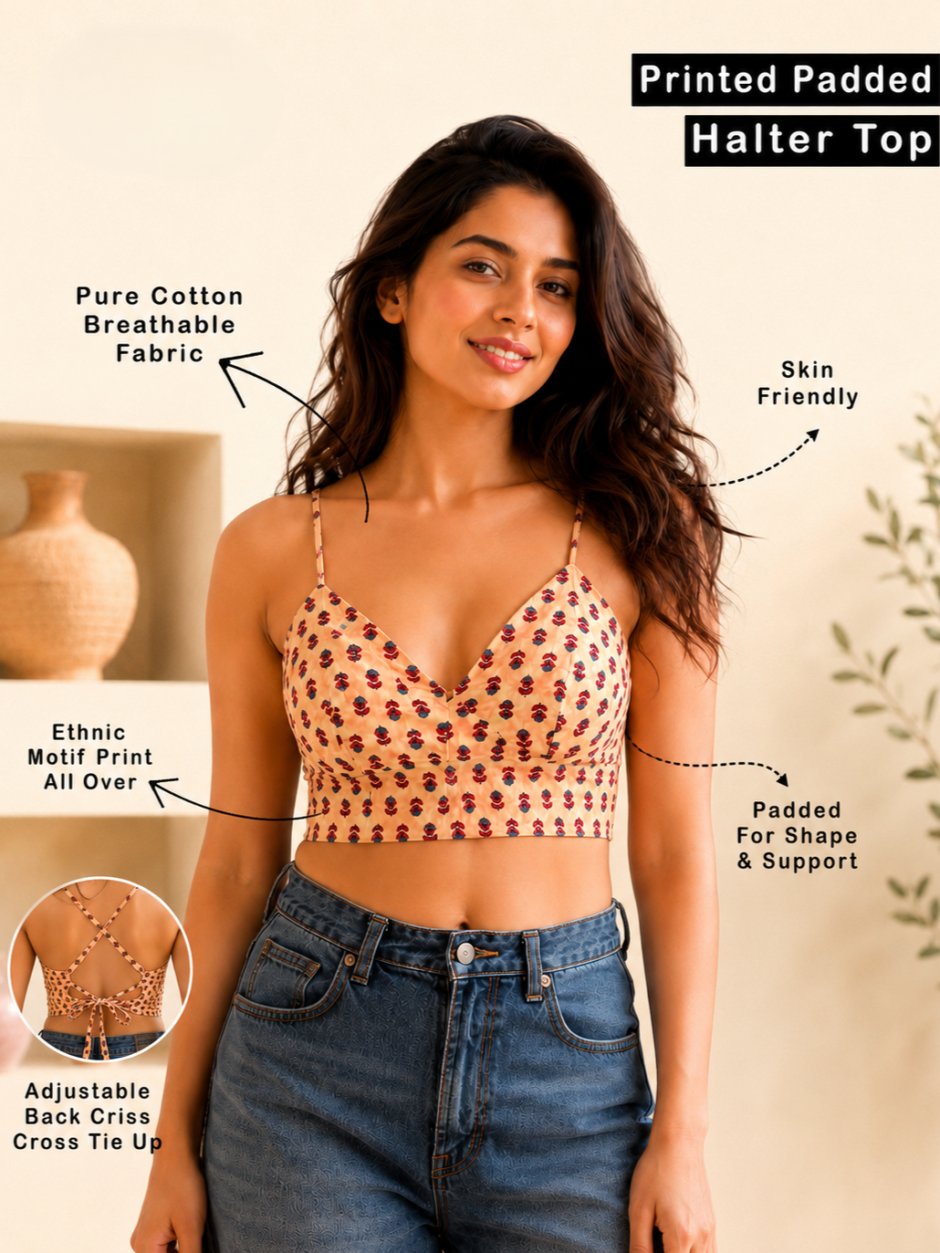 A woman modeling a printed padded halter top with text callouts describing its features, including pure cotton breathable fabric, skin-friendly design, ethnic motif print, and padded support. The model is wearing blue jeans against a warm beige background.