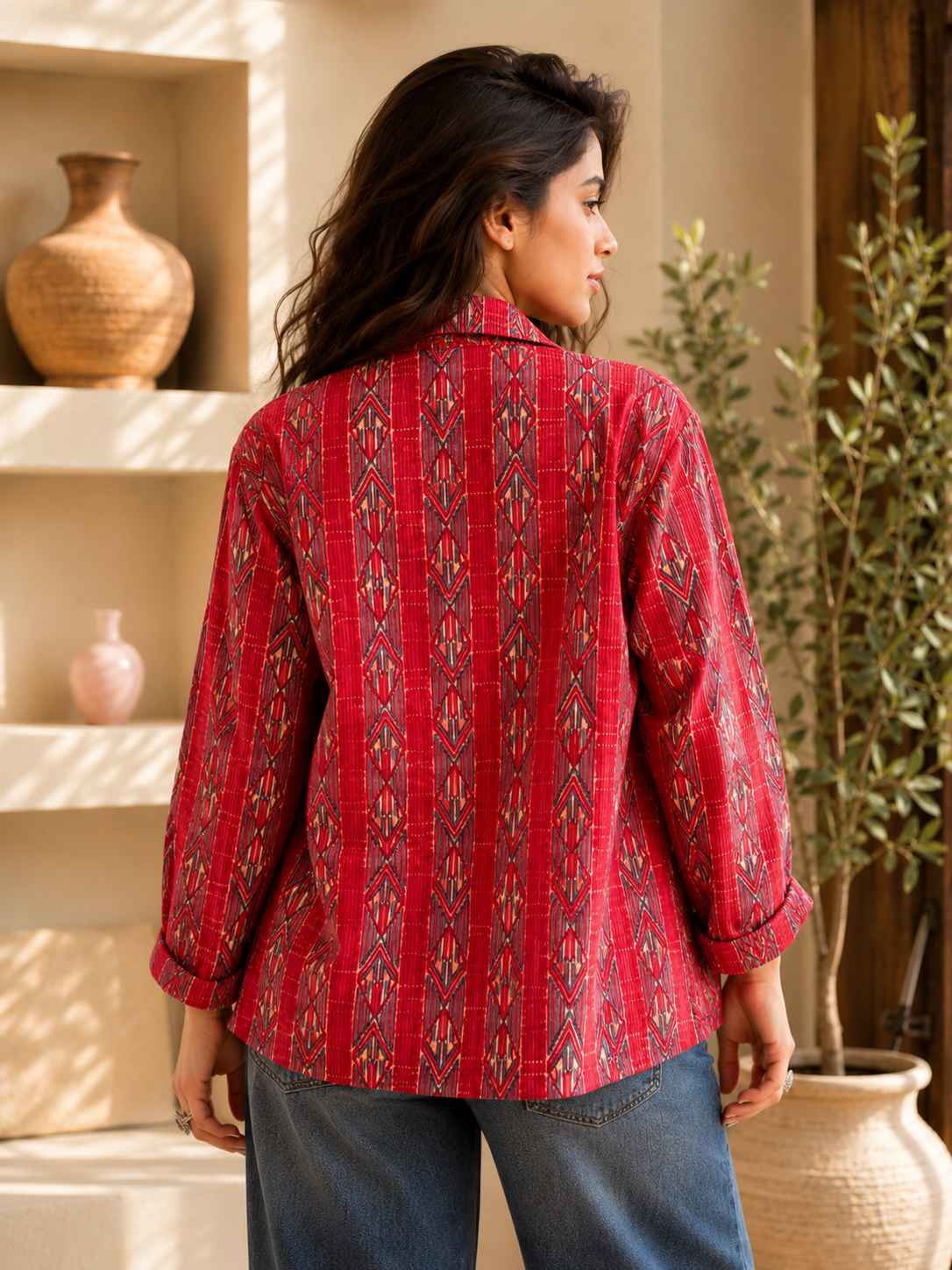 A woman wearing a red long-sleeve shirt with vertical geometric patterns, shown from the back in a warm, sunlit indoor setting.