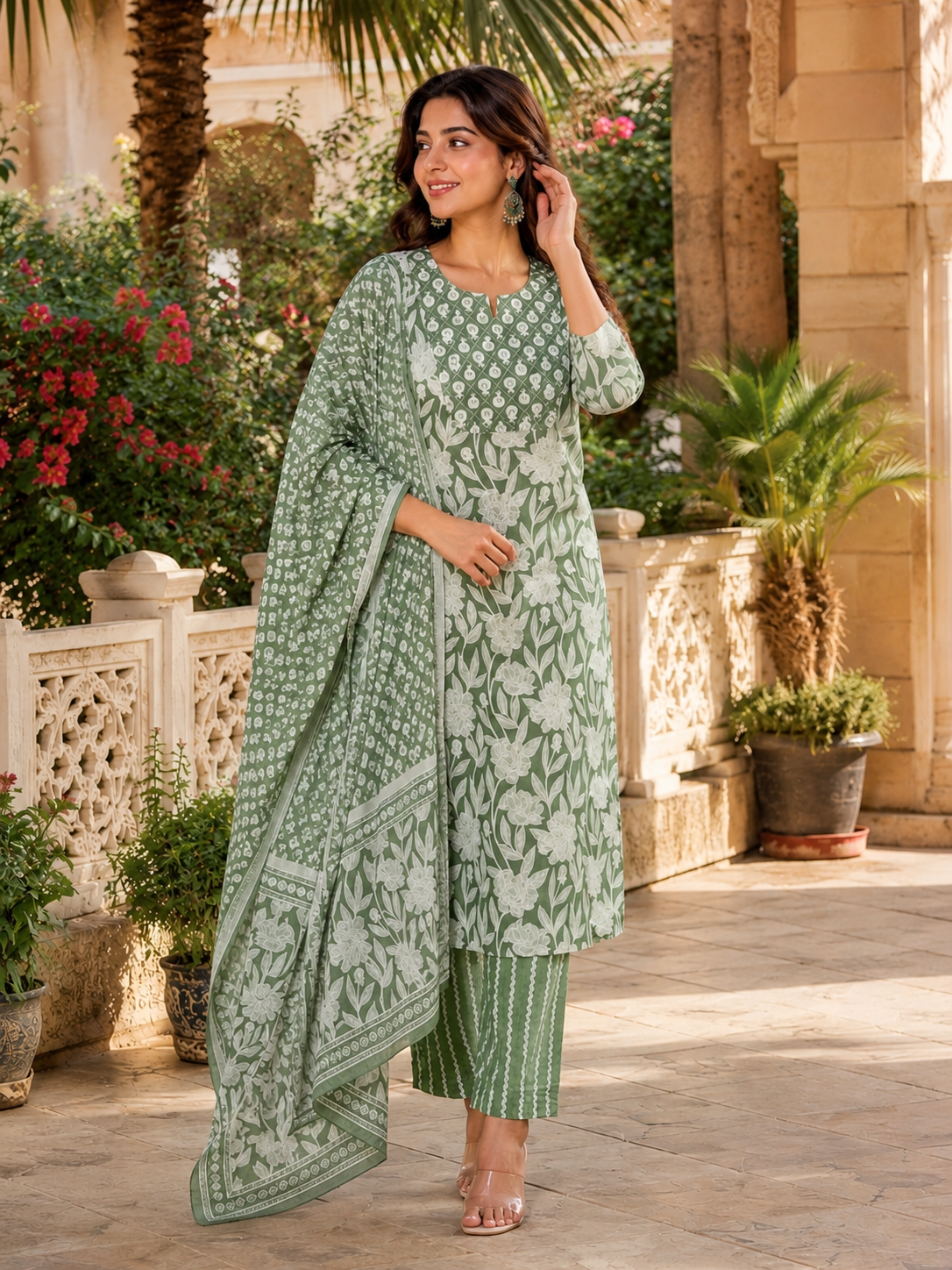 A woman models a three-piece salwar kameez suit set in a garden courtyard. The set features a sage green kurta and matching pants with white floral prints, paired with a coordinating green and white printed patterned dupatta.