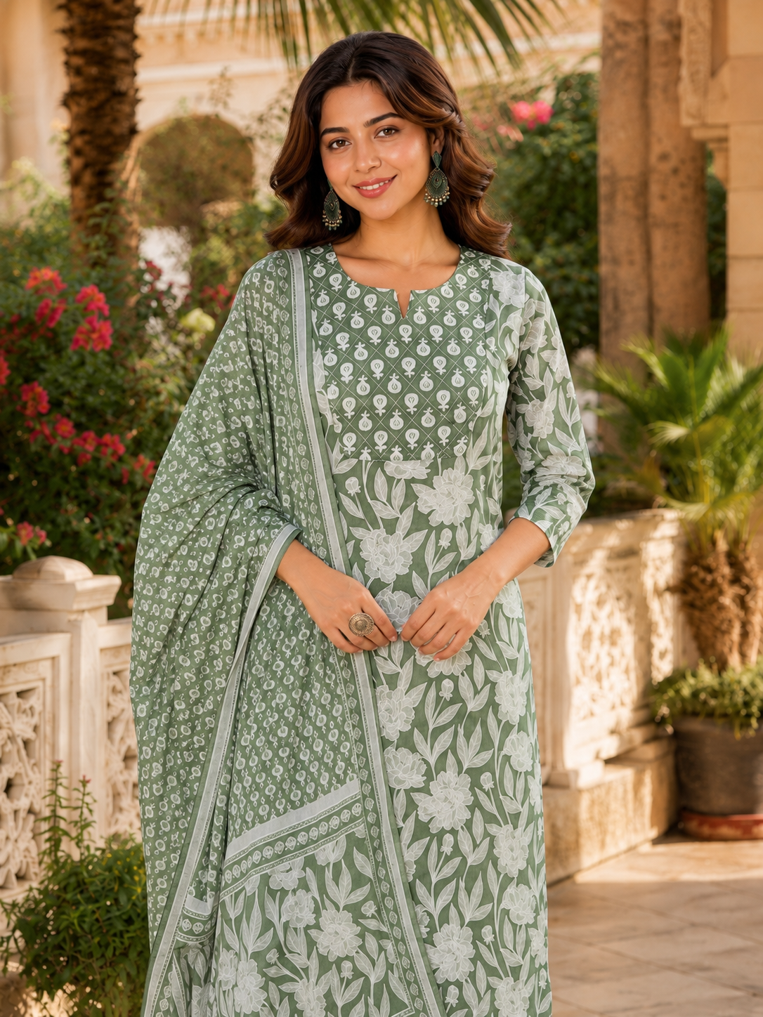A woman modeling a sage green three-piece salwar kameez suit with white floral and geometric prints, standing in an outdoor courtyard setting.