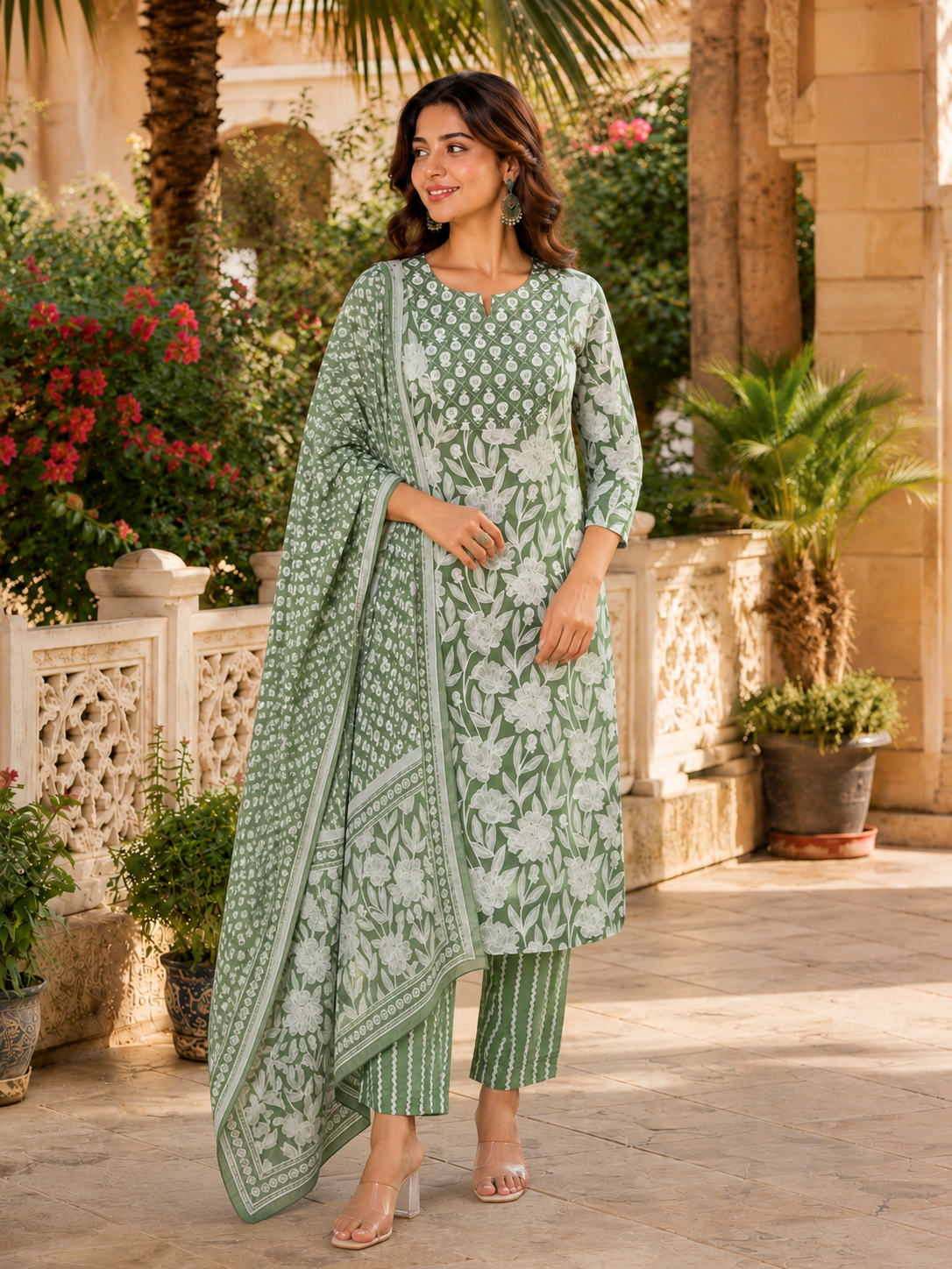 A woman models a three-piece green printed ethnic suit set featuring a kurta, matching pants, and a dupatta, set against an outdoor courtyard background with plants and stone architecture.