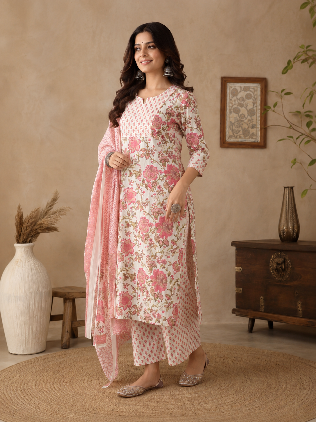 A woman models a traditional Indian salwar kameez set featuring a pink and white floral print kurta, matching printed pants, and a sheer pink dupatta, set against a warm beige background with home decor.
