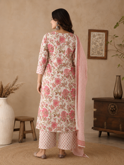 A woman stands with her back to the camera wearing a traditional three-piece salwar kameez suit. The outfit features a cream-colored kurta with a pink floral pattern, matching pink patterned trousers, and a solid light pink dupatta.