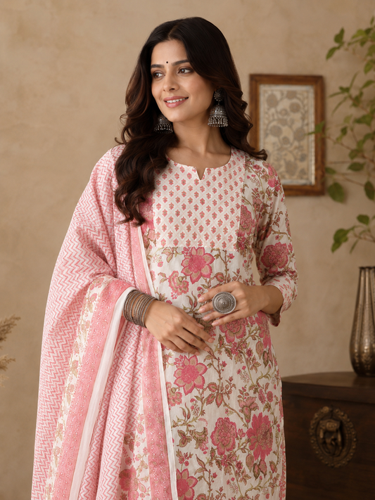 A woman modeling a traditional Indian salwar kameez suit in pink and beige. The kurta features a pink and beige floral print, paired with a matching pink printed dupatta, set against a warm, neutral indoor background.