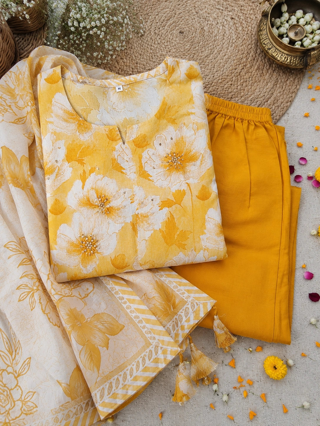 Yellow Cotton Silk Blend Kurta Set for Women with Dupatta