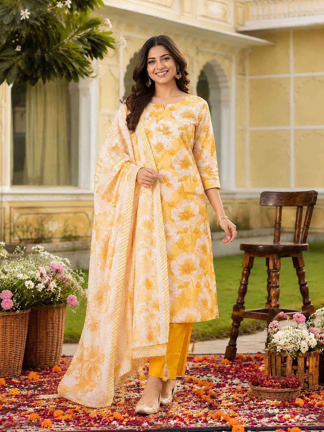 Yellow Cotton Silk Blend Kurta Set for Women with Dupatta