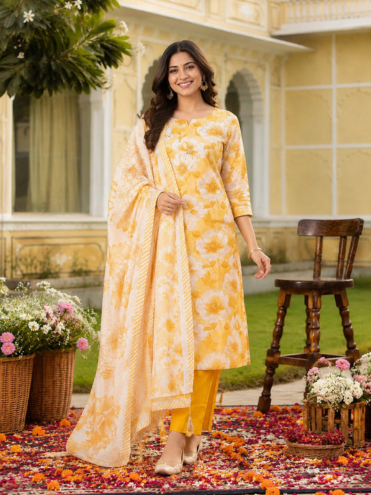 Yellow Cotton Silk Blend Kurta Set for Women with Dupatta