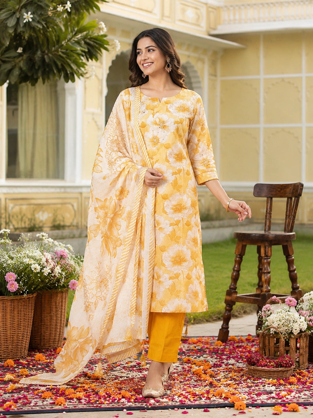 Yellow Cotton Silk Blend Kurta Set for Women with Dupatta