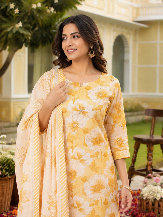 Yellow Cotton Silk Blend Kurta Set for Women with Dupatta