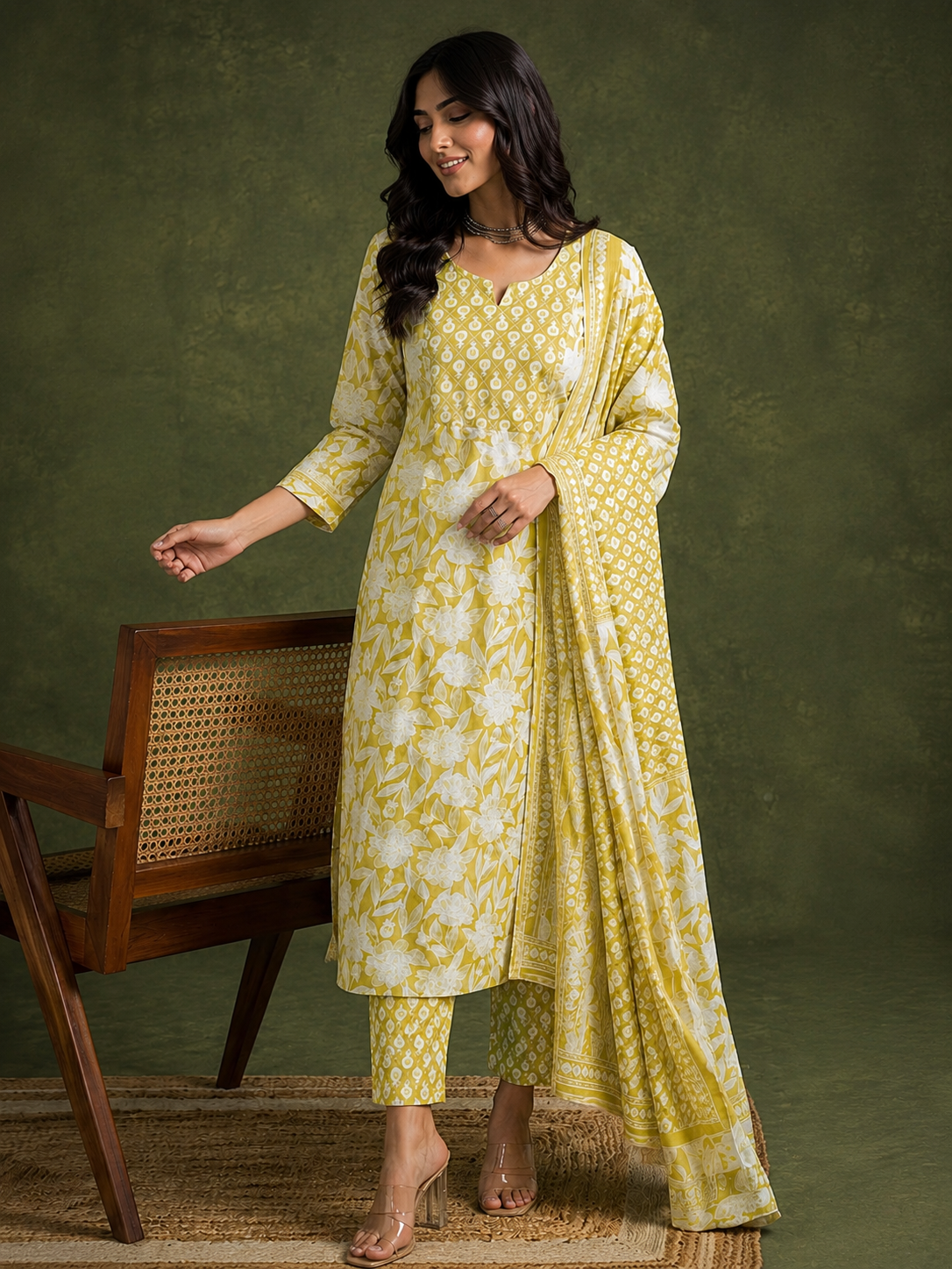 A woman models a yellow and white printed Indian ethnic suit set consisting of a kurta, trouser, and dupatta, standing next to a wooden chair against a textured olive green background.