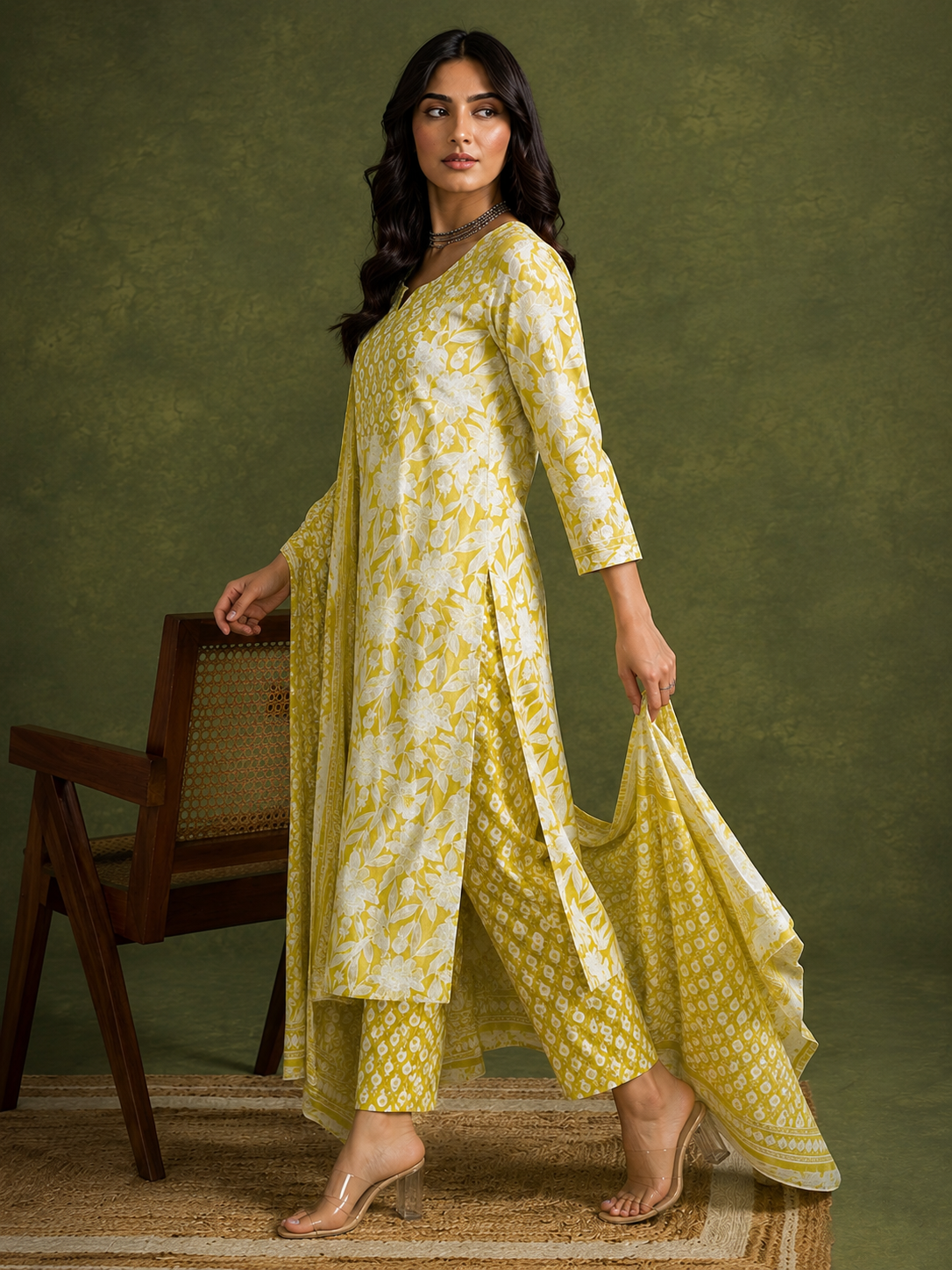 A woman models a yellow and white printed kurta set with a matching dupatta, standing in front of a textured olive green studio backdrop next to a wooden chair.