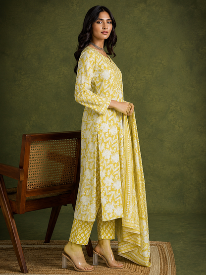 Lime Yellow Jaipuri Printed Cotton Suit