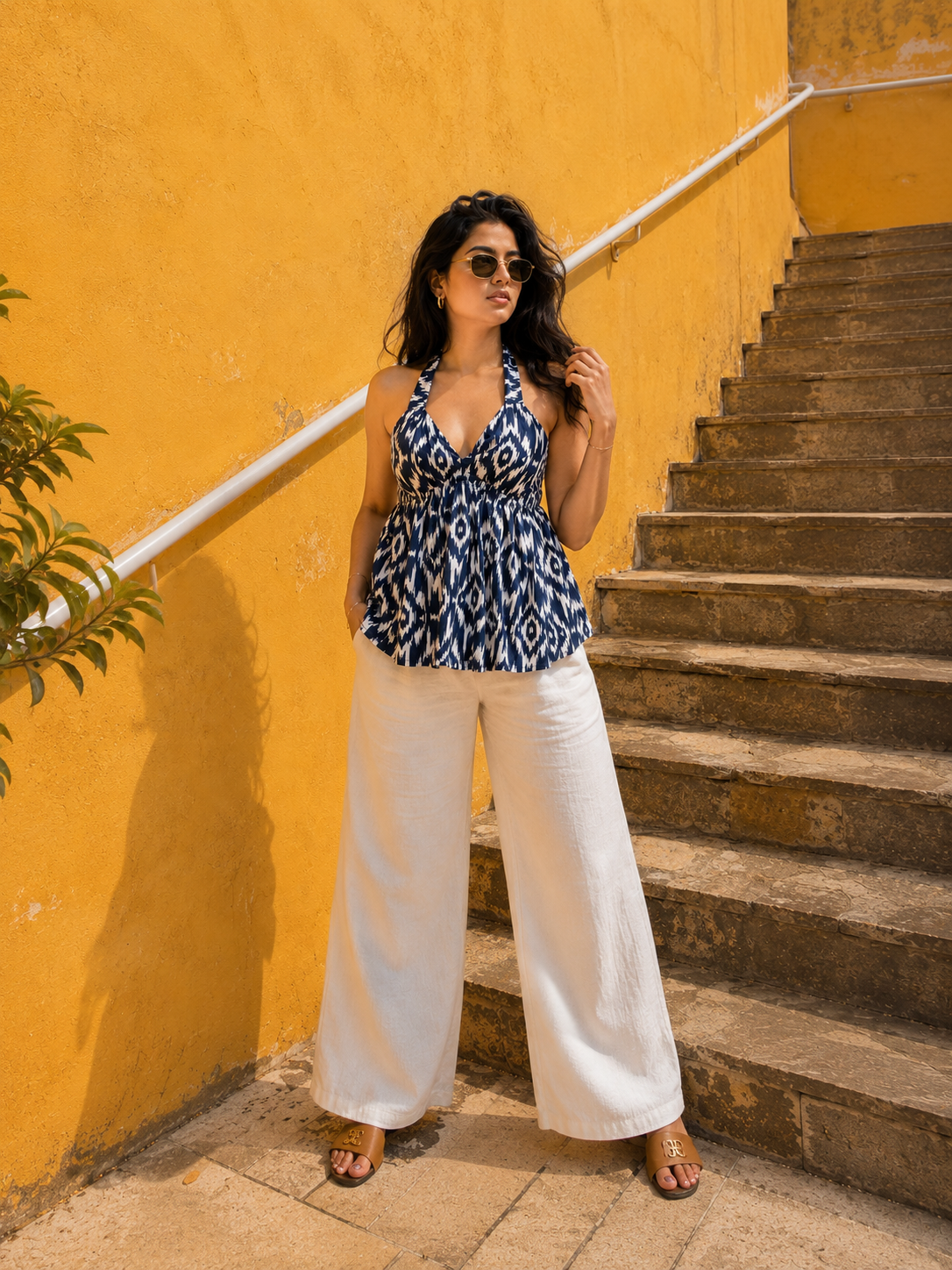 A woman wearing a navy and white patterned halter top with white wide-leg pants stands on stone stairs next to a yellow wall.