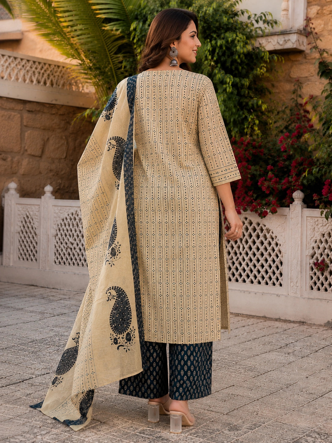 women's cotton kurta with palazzo and dupatta