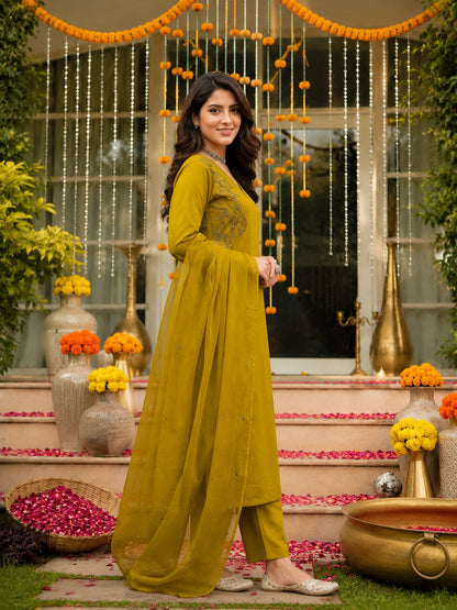Olive Green Embroidered Cotton Suit Set