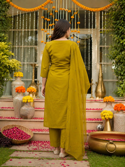 Olive Green Embroidered Cotton Suit Set