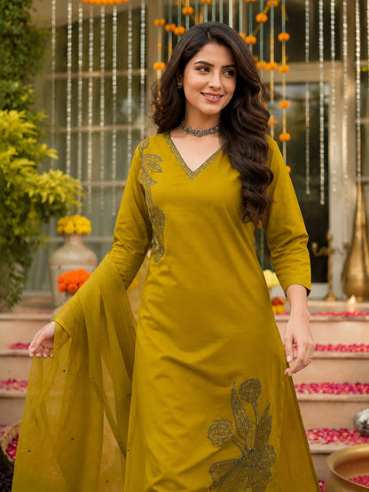 Olive Green Embroidered Cotton Suit Set
