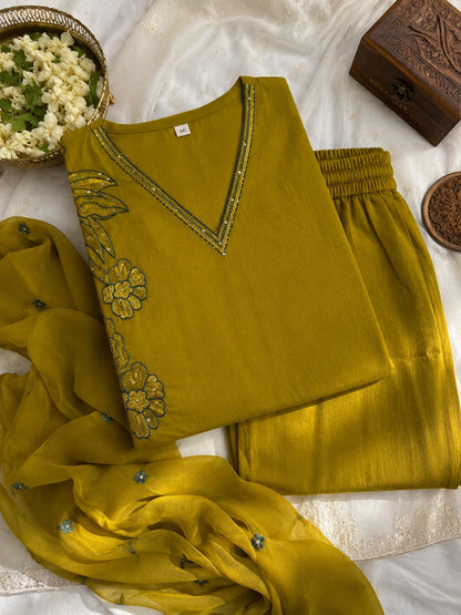 Olive Green Embroidered Cotton Suit Set