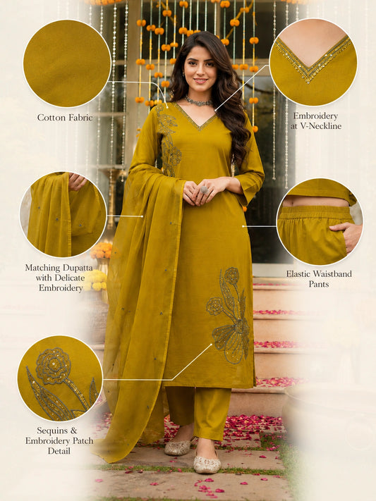 Olive Green Embroidered Cotton Suit Set