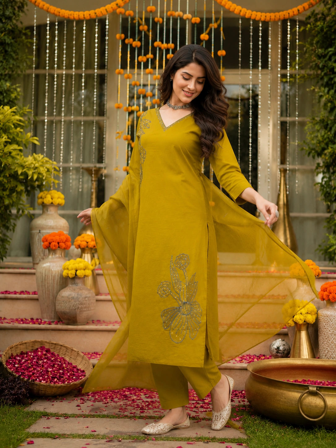 Olive Green Embroidered Cotton Suit Set