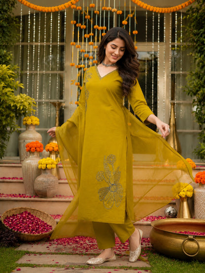 Olive Green Embroidered Cotton Suit Set