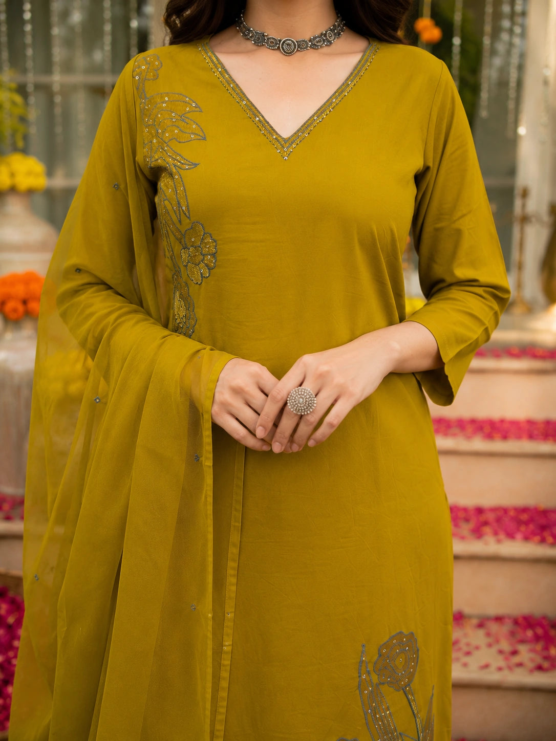 Olive Green Embroidered Cotton Suit Set